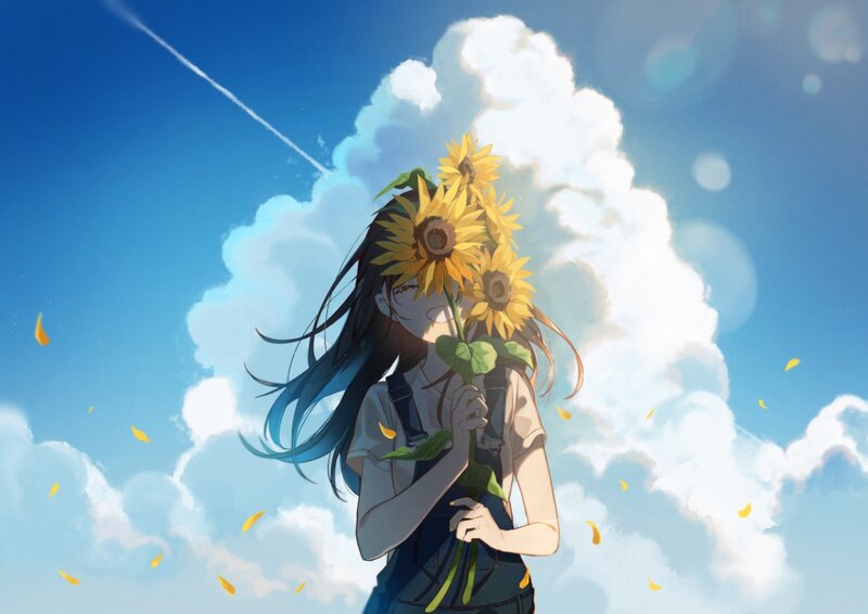 Girl Holding Sunflowers — Blue, Serene, Afternoon, Anime