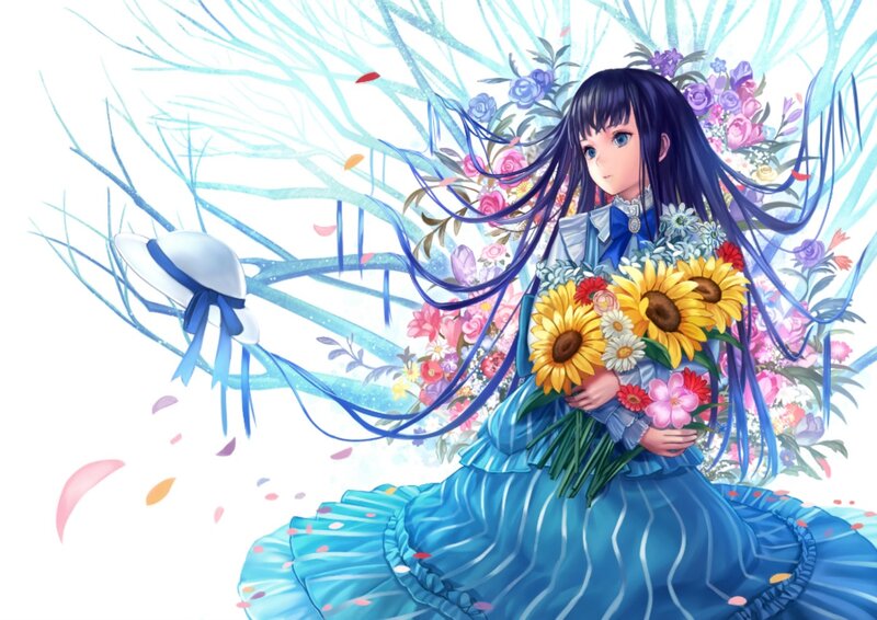 Girl Holding Sunflowers — Blue, Serene