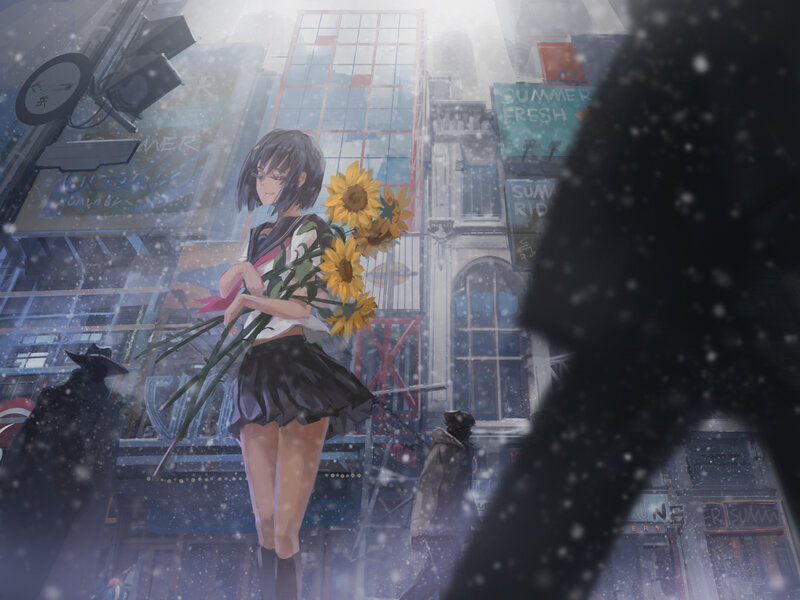 Girl Holding Sunflowers — Blue