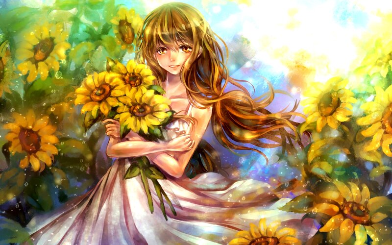 Girl Holding Sunflowers — Yellow, Serene