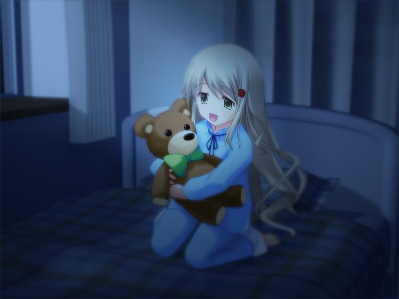 girl holding teddy bear at night