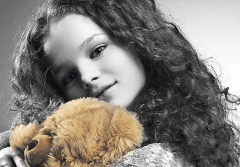 Girl Holding Teddy Bear — Black, Calm