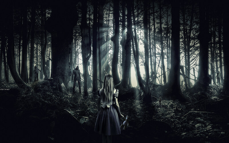 Girl Holding Teddy Bear — Black, Dark, Eerie