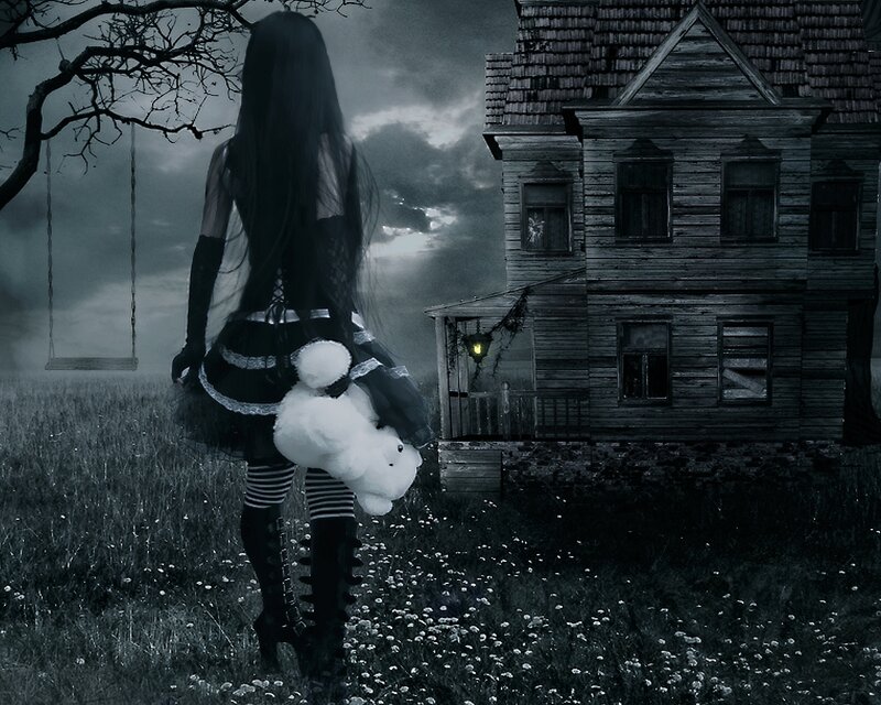Girl Holding Teddy Bear — Black, Dark