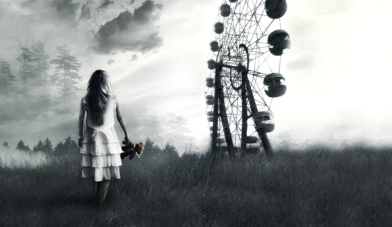 Girl Holding Teddy Bear — Black, Dramatic, Night