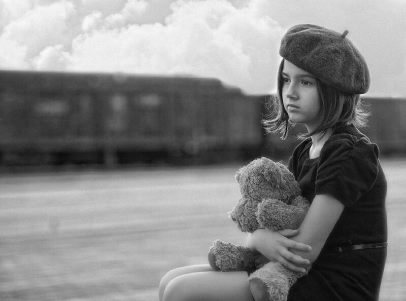 Girl Holding Teddy Bear — Black, Melancholic, Photograph