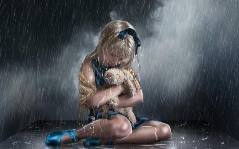 Girl Holding Teddy Bear — Blue, Dramatic, Night, Digital Art