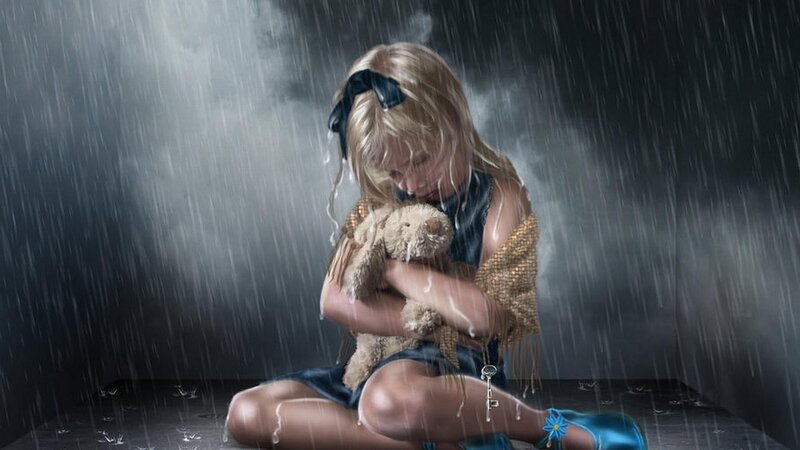 Girl Holding Teddy Bear — Blue, Dramatic