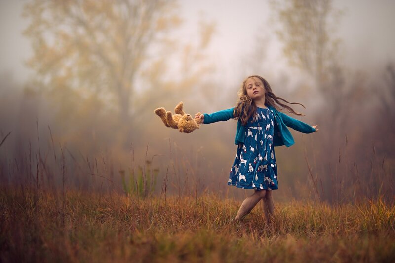 Girl Holding Teddy Bear — Blue, Dreamy