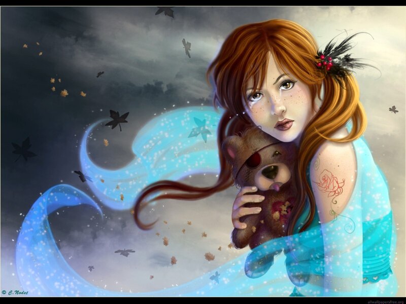Girl Holding Teddy Bear — Blue, Melancholic