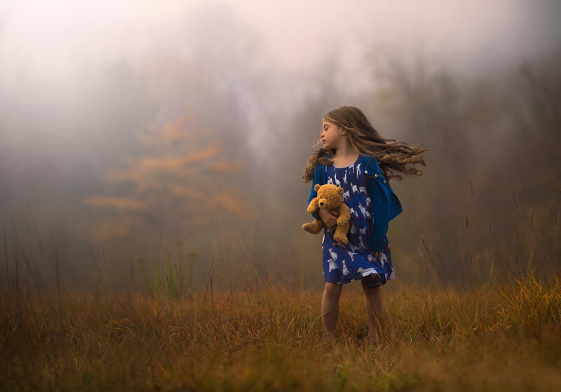 Girl Holding Teddy Bear — Blue, Misty