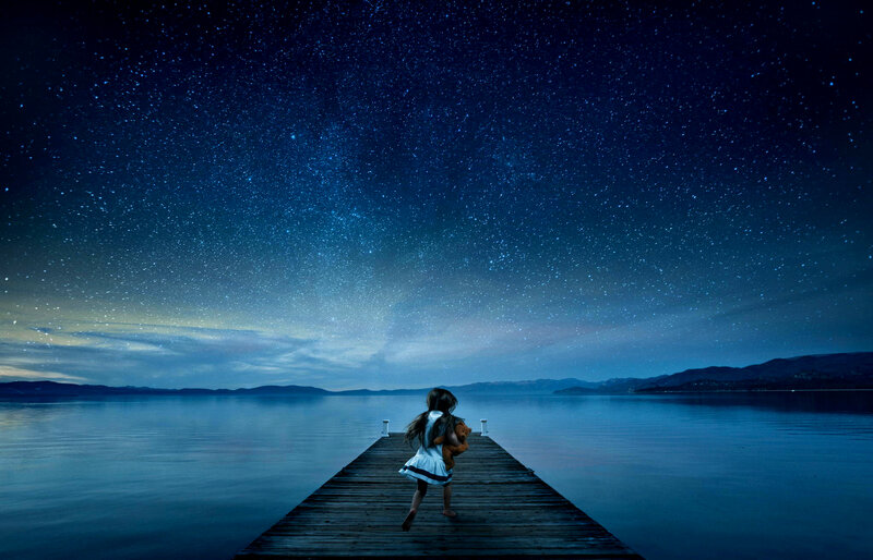 Girl Holding Teddy Bear — Blue, Serene