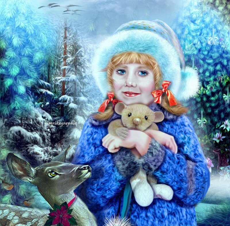 Girl Holding Teddy Bear — Blue, Serene, Winter