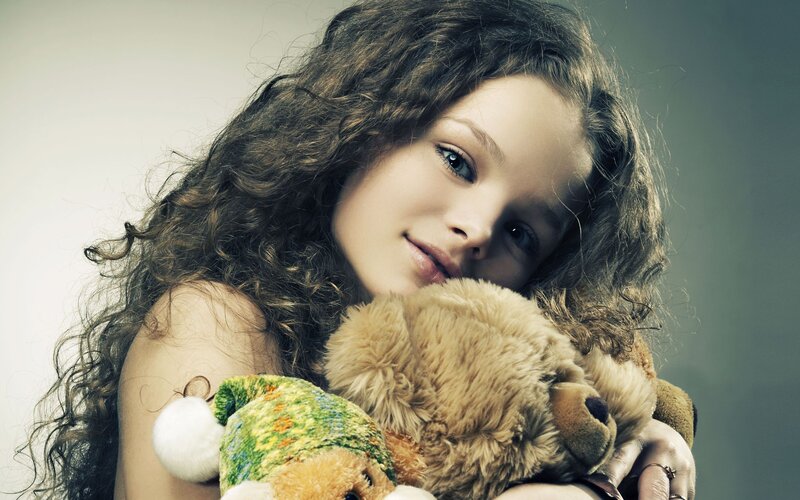 Girl Holding Teddy Bear — Brown, Calm, Photograph, Teddy Bear, Curly Hair