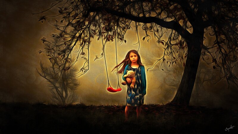 Girl Holding Teddy Bear — Brown, Dramatic