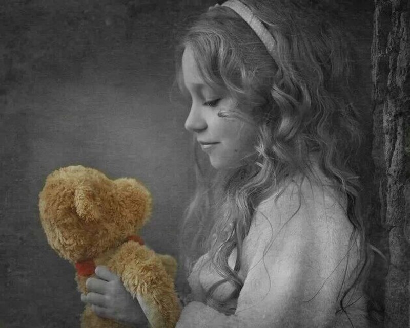 Girl Holding Teddy Bear — Brown, Melancholic