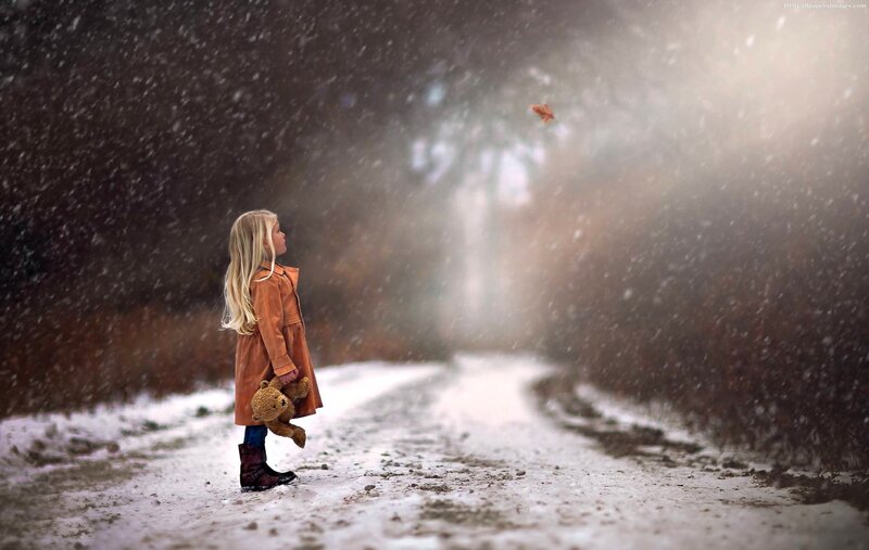 Girl Holding Teddy Bear — Brown, Melancholic, Winter, Photograph