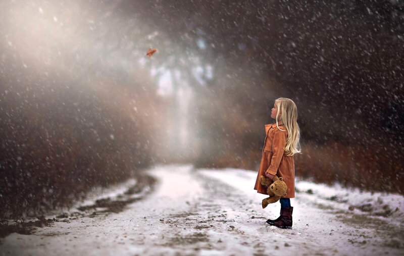 Girl Holding Teddy Bear — Brown, Melancholic, Winter