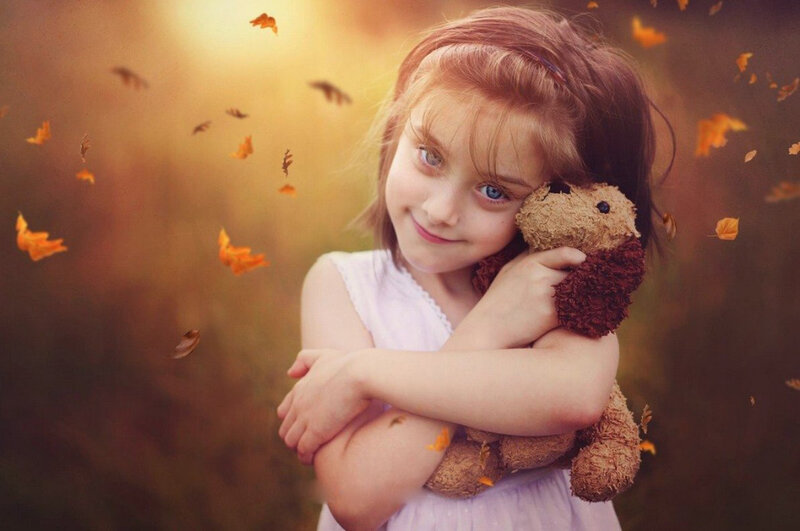 Girl Holding Teddy Bear — Brown, Serene, Autumn, Photograph