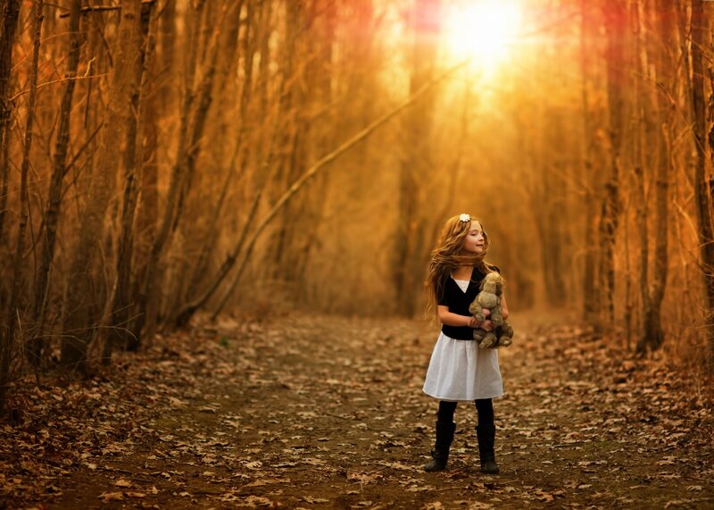 Girl Holding Teddy Bear — Brown, Serene, Sunset, Photograph
