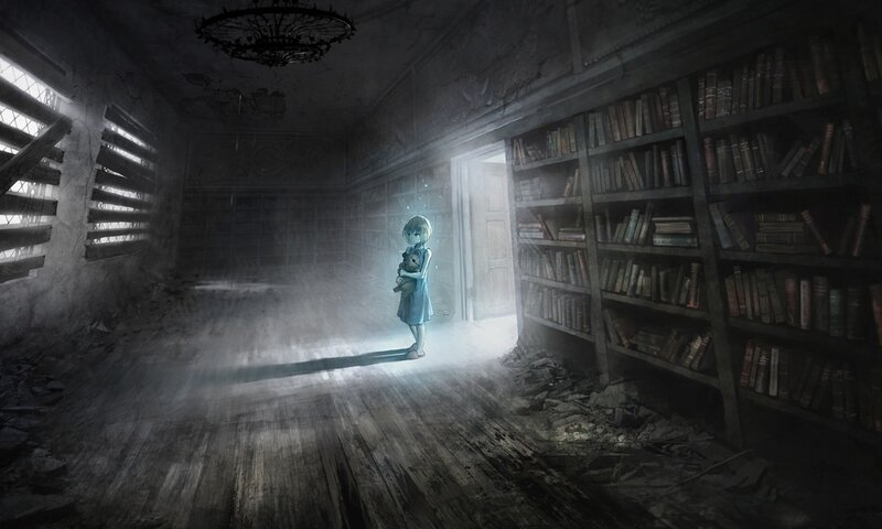 Girl Holding Teddy Bear — Gray, Dramatic, Digital Art, Bookshelf