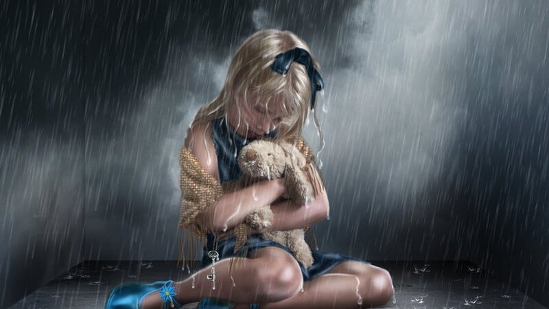 Girl Holding Teddy Bear — Gray, Dramatic, Night