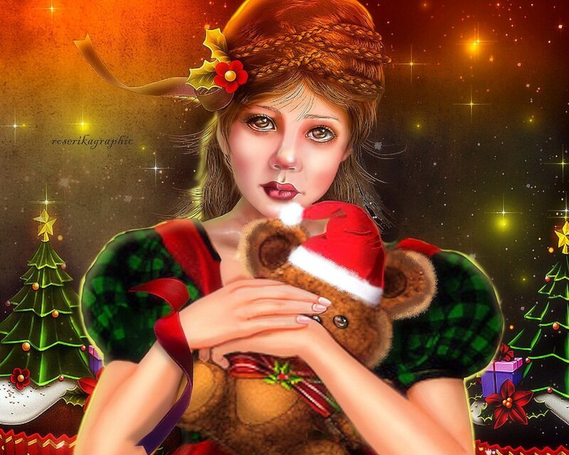 Girl Holding Teddy Bear — Green, Festive