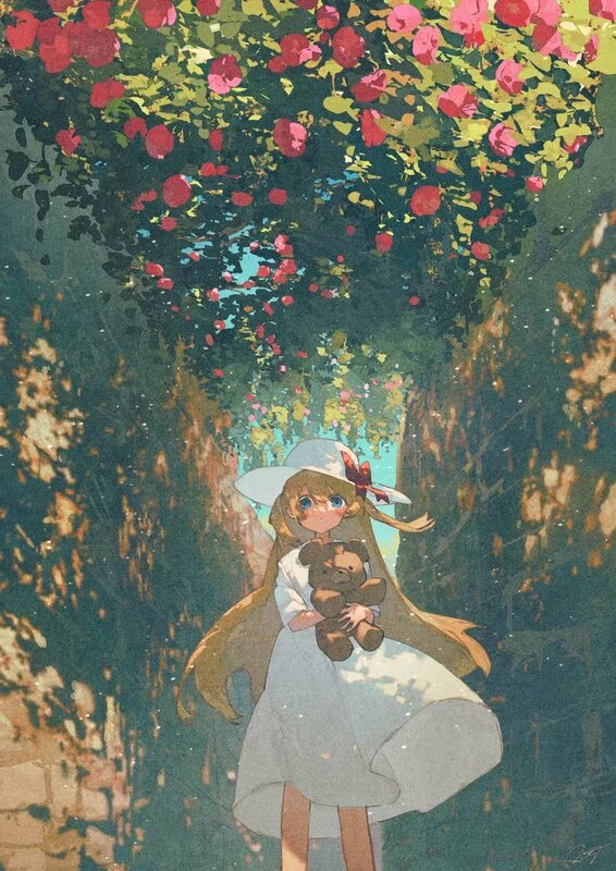 Girl Holding Teddy Bear — Green, Serene, Afternoon, Digital Art