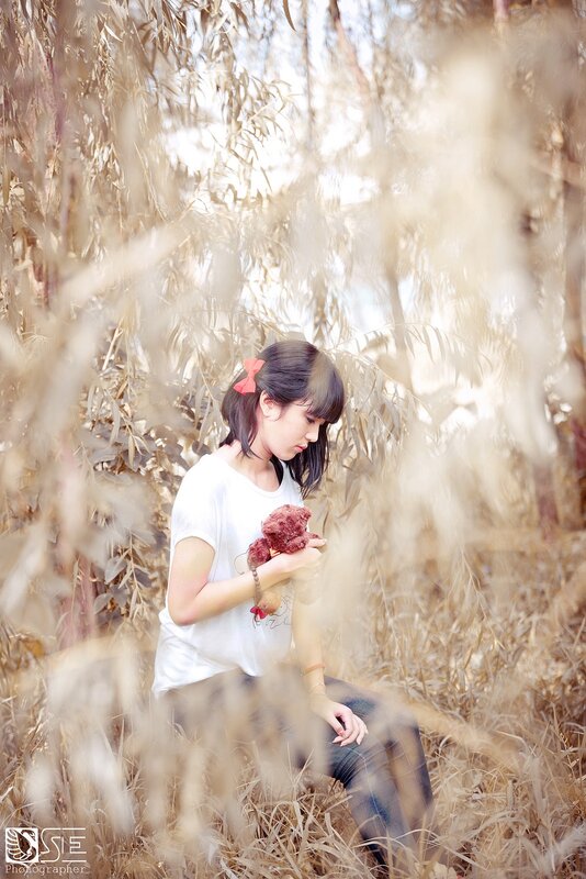 Girl holding teddy bear in field