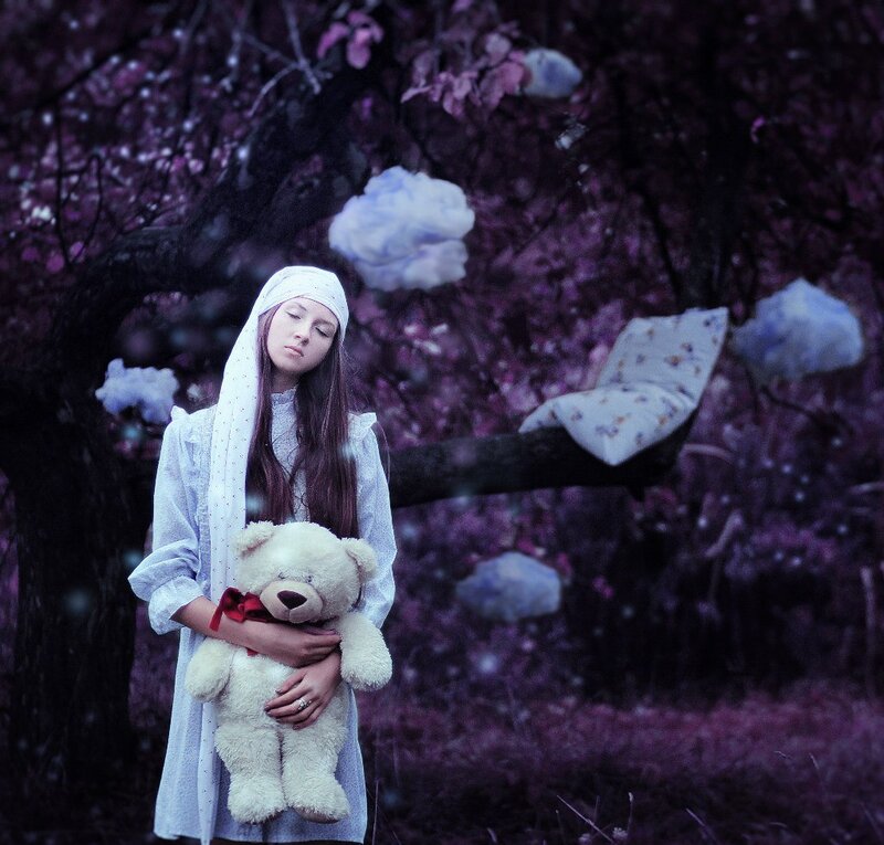 Girl Holding Teddy Bear — Purple, Dreamy