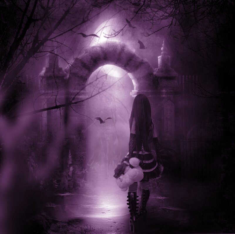 Girl Holding Teddy Bear — Purple, Mysterious