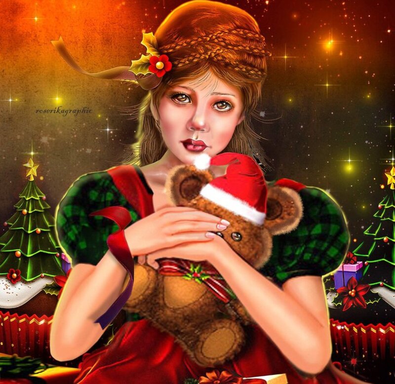 Girl Holding Teddy Bear — Red, Festive, Winter