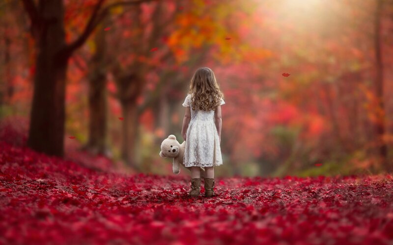 Girl Holding Teddy Bear — Red, Serene, Autumn