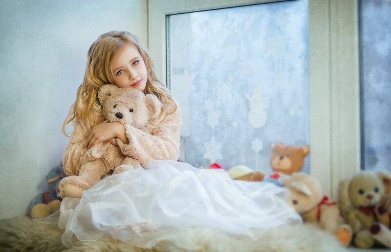 Girl Holding Teddy Bear — White, Calm