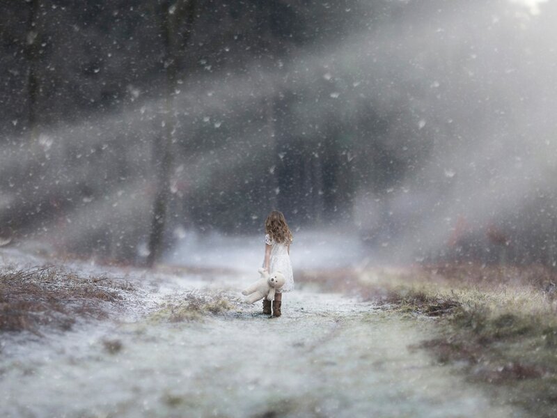 Girl Holding Teddy Bear — White, Dreary