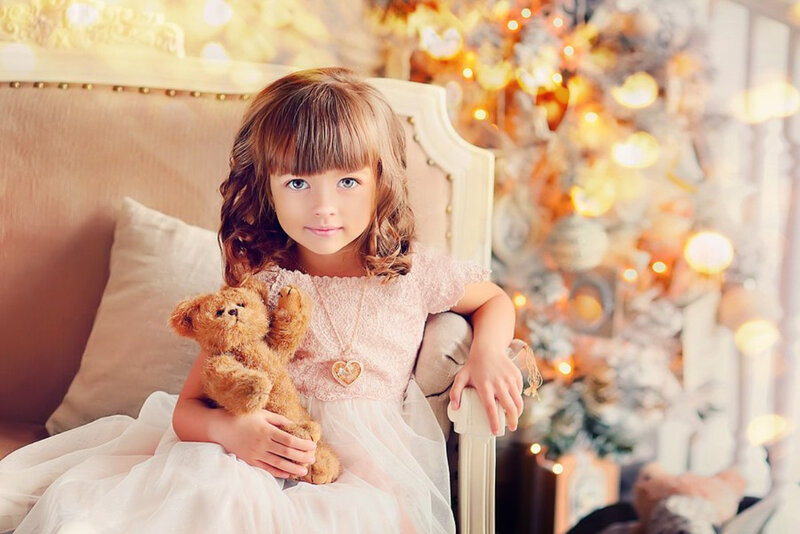 Girl Holding Teddy Bear — White, Festive