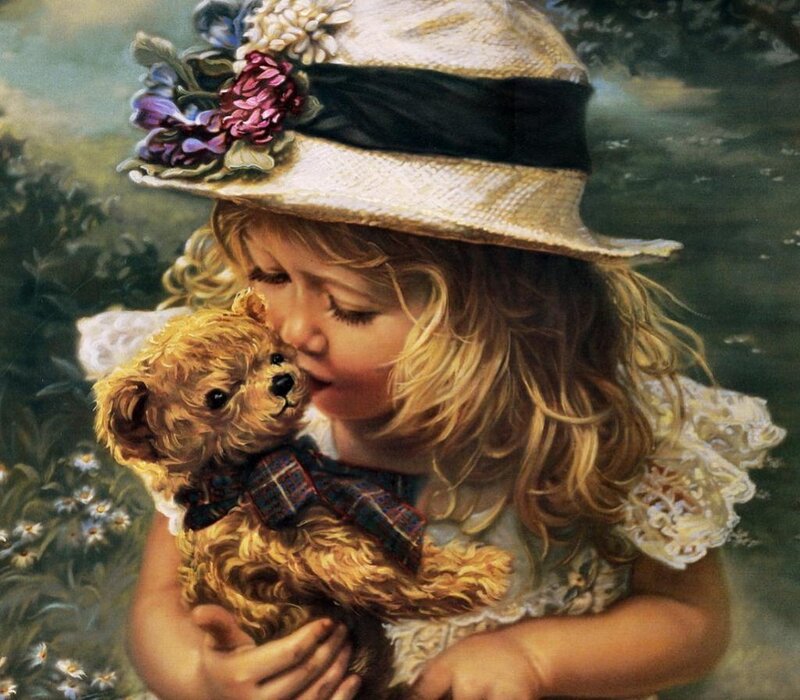 Girl Holding Teddy Bear — Yellow, Serene