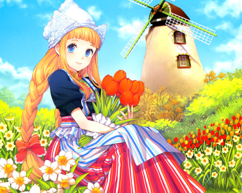 Girl Holding Tulips — Blue
