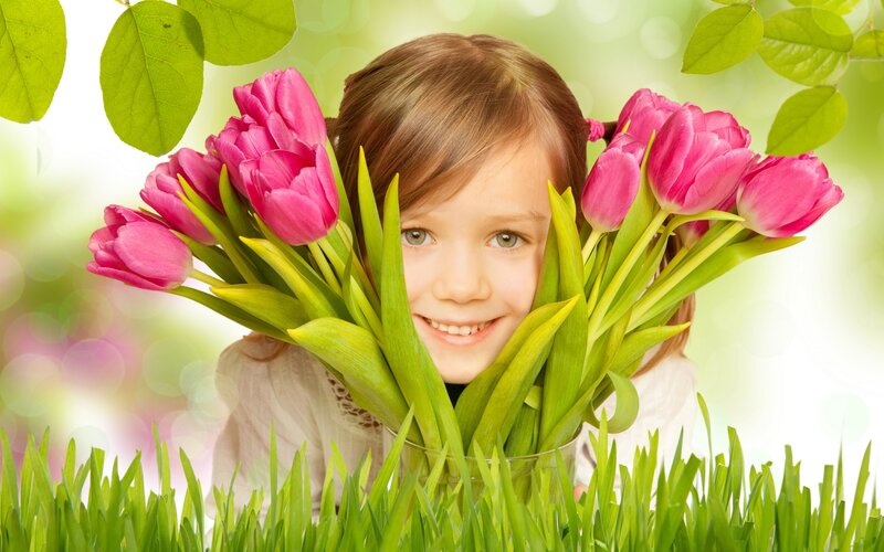 Girl Holding Tulips — Pink, Cheerful