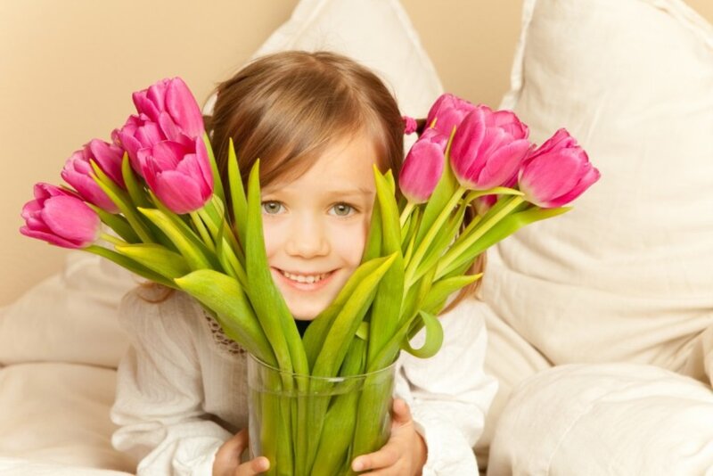 Girl Holding Tulips — Pink, Happy, Spring