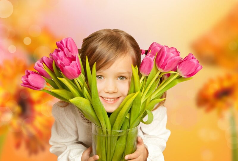 Girl Holding Tulips — Pink, Happy