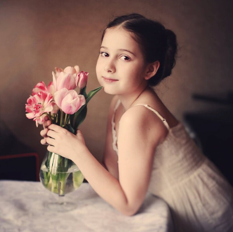 Girl Holding Tulips — Pink, Serene