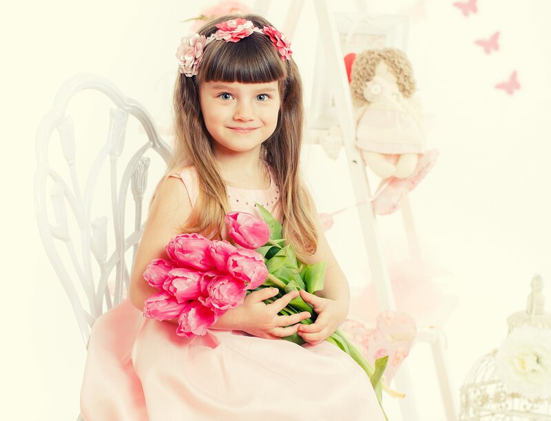 Girl Holding Tulips — Pink, Sweet