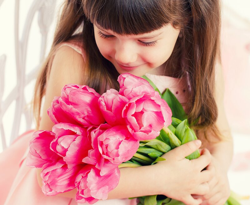 Girl Holding Tulips — Pink