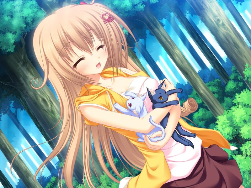 Girl holding two cats in forest