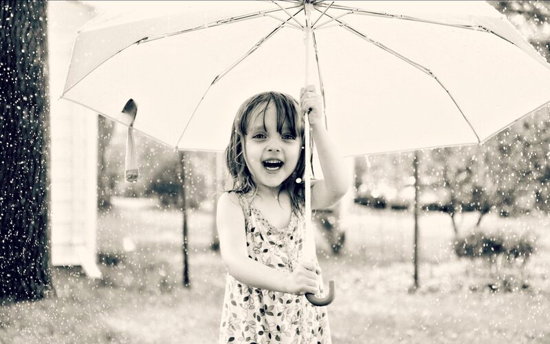Girl Holding Umbrella — Black, Playful