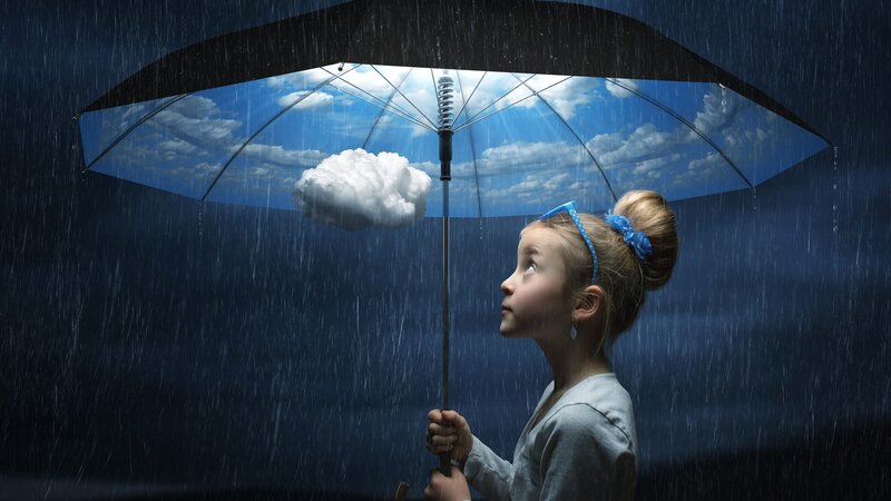 Girl Holding Umbrella — Blue, Dramatic, Night