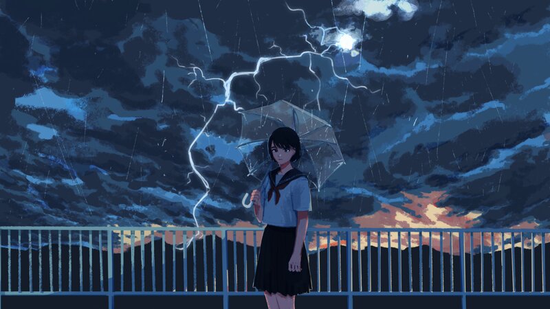 Girl Holding Umbrella — Blue, Dramatic