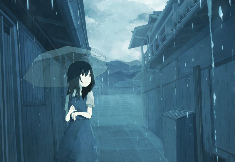 Girl Holding Umbrella — Blue, Melancholic, Night, Anime
