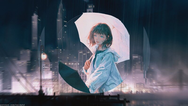 Girl Holding Umbrella — Blue, Melancholic, Night, Digital Art, Rain